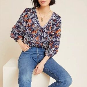 Maeve Anthropologie Cathy Pleated Blue Jungle Boho Y2K Top size XS